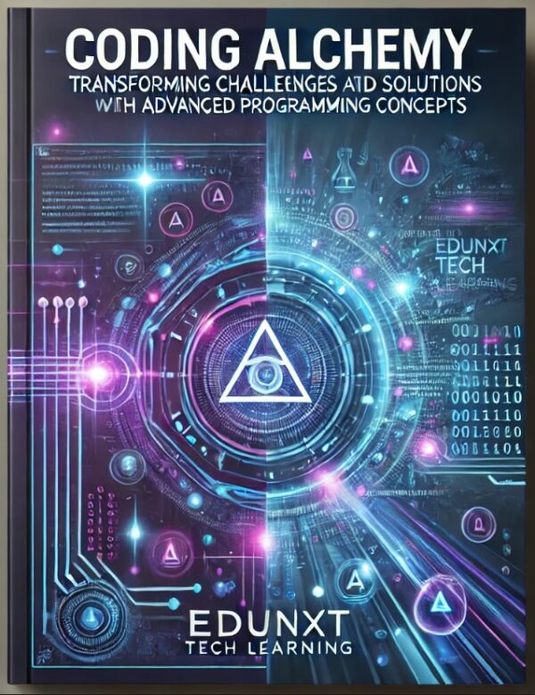 "A visually captivating e-book cover for 'Coding Alchemy: Transforming Challenges into Solutions with Advanced Programming Concepts,' featuring digital coding elements with a futuristic design in blue and purple tones, created by EDUNXT TECH LEARNING."