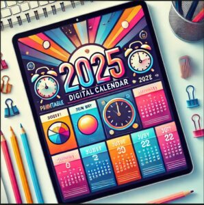 Vibrant 2025 Printable Digital Calendar featuring a colorful and sleek design with all 12 months in a single sheet. Perfect for digital use and printing, with unique color coding for months and days.