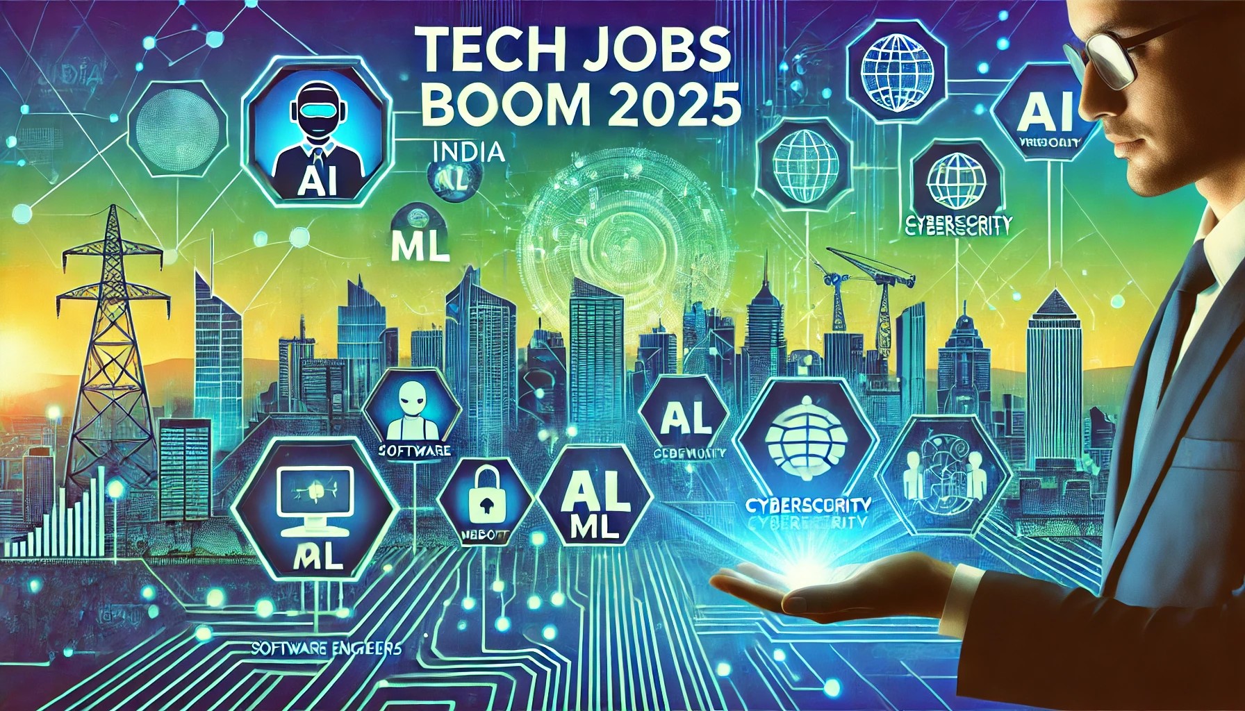 Futuristic cityscape showcasing India's tech growth in 2025 with holographic AI, ML, cybersecurity icons, and data charts symbolizing job growth trends.
