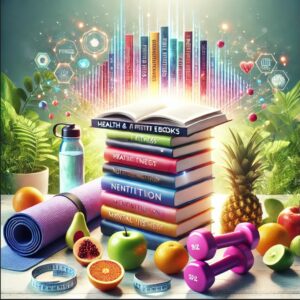 A vibrant display of a digital tablet showcasing a fitness eBook, surrounded by dumbbells, fresh fruits, a yoga mat, and glowing wellness icons, symbolizing health and motivation.