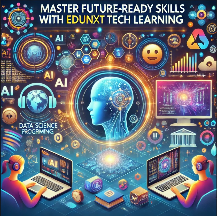 A futuristic and engaging featured image for EDUNXT TECH LEARNING, showcasing AI, data science, programming, and global online learning with students interacting on digital platforms