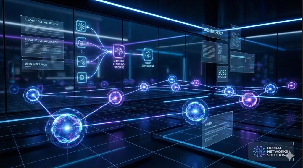 AI agent development workflow for 2025 showing concept design, autonomous agent architecture, machine learning pipelines, and deployment on cloud platforms