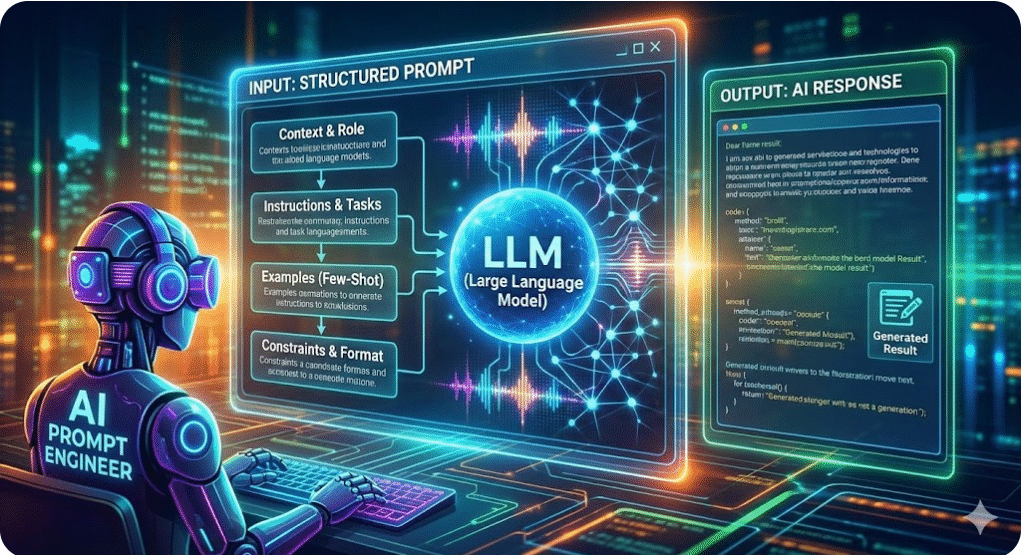Prompt engineering guide for LLMs showing structured prompts, AI model workflow, and techniques to improve large language model outputs.