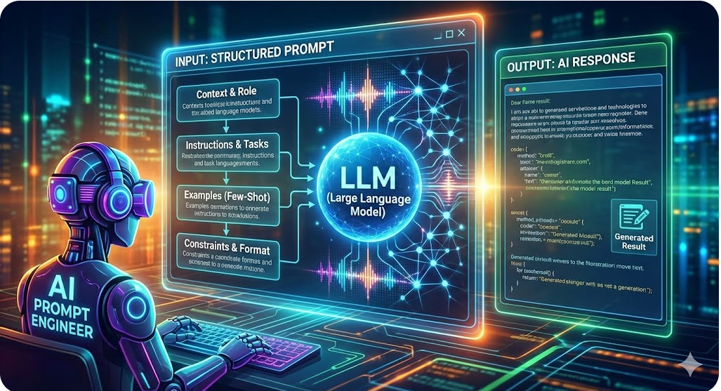 Prompt engineering guide for LLMs showing structured prompts, AI model workflow, and techniques to improve large language model outputs.