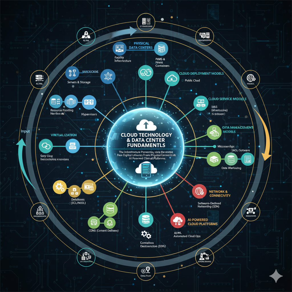 Illustration of modern data centers, cloud computing architecture, AI-powered cloud platforms, servers, networking equipment, and global digital infrastructure connectivity
