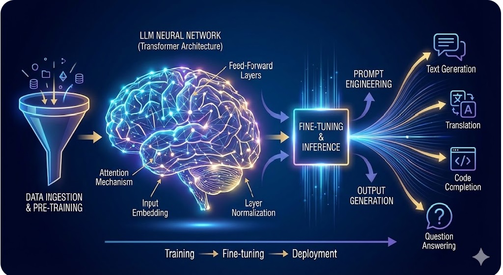 Diagram showing the architecture of a Large Language Model with tokenizer, transformer blocks, self-attention layers, embeddings, and end-to-end implementation pipeline