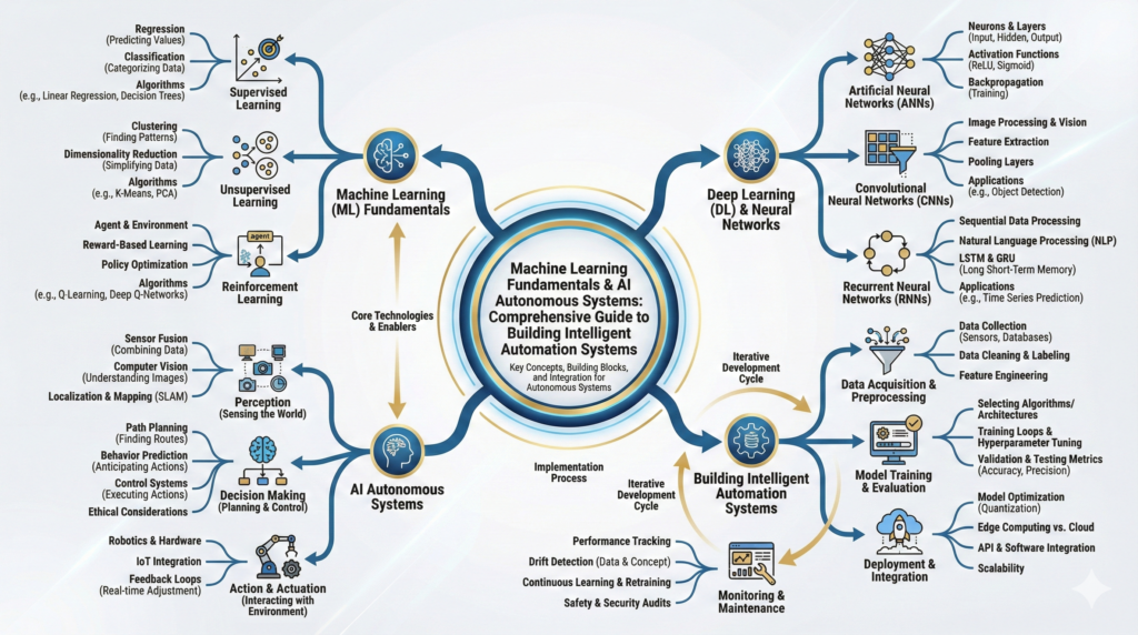 Illustration showing machine learning algorithms, neural networks, and autonomous AI system components working together to build intelligent automation solutions.