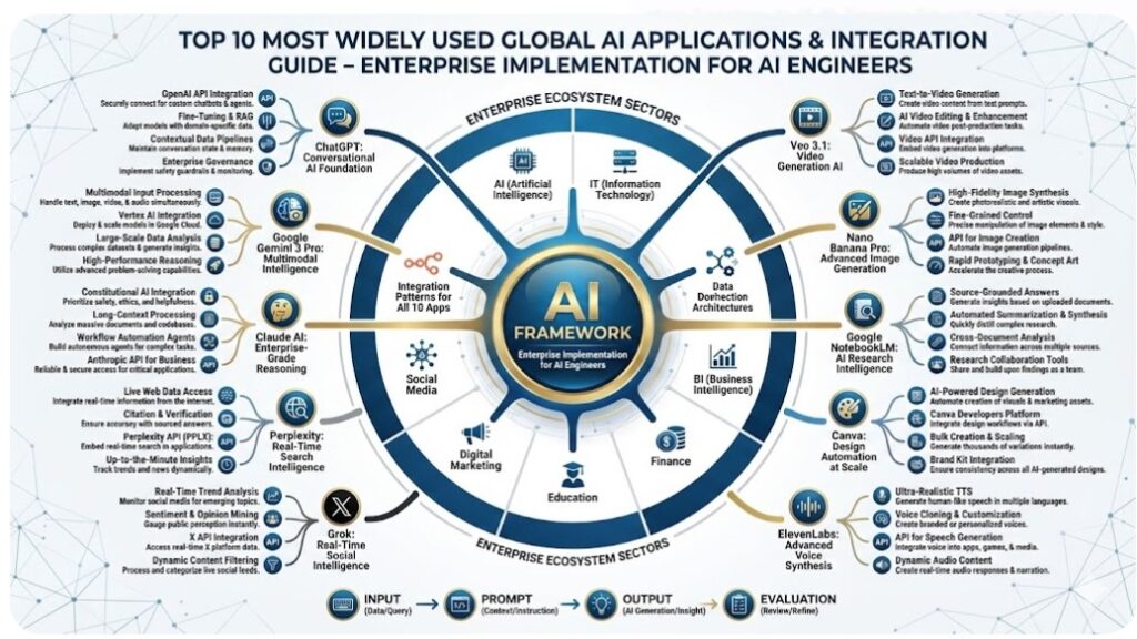 Top 10 most widely used global AI applications with enterprise integration roadmap for AI engineers and IT leaders