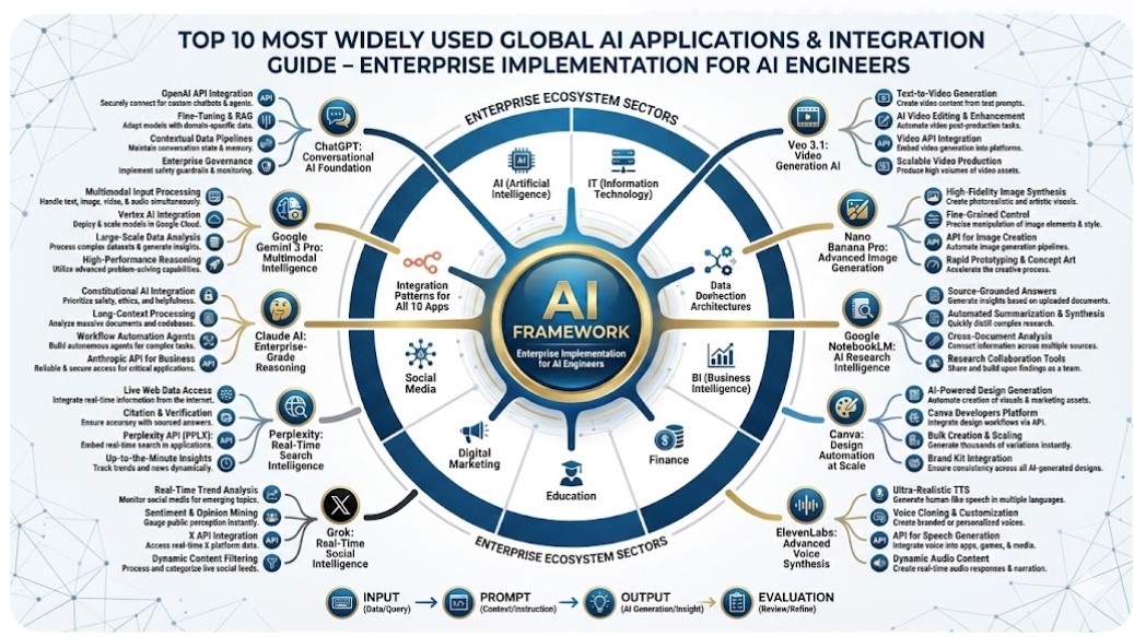 Top 10 most widely used global AI applications with enterprise integration roadmap for AI engineers and IT leaders