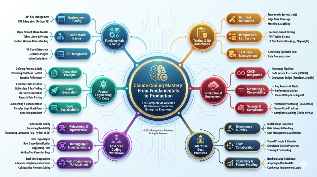 Claude AI coding mastery guide showing AI-assisted software development workflow from fundamentals to enterprise production systems