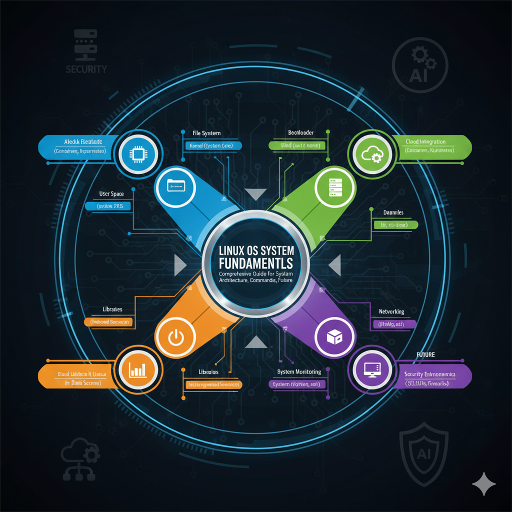Comprehensive Linux OS System Fundamentals presentation covering architecture, distributions, commands, Android OS connection, and Linux dominance in cloud computing, AI, and modern internet infrastructure with interactive diagrams and visual learning aids