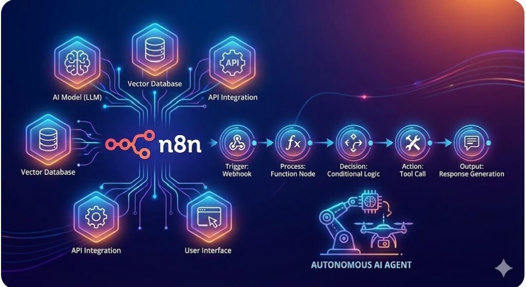 A complex n8n workflow diagram displaying an advanced AI Agent architecture, featuring LLM model integration, Vector Store RAG memory nodes, and custom tool function calling for enterprise automation.