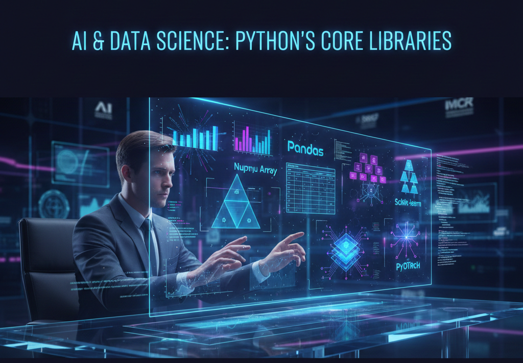 Essential Python libraries for artificial intelligence, machine learning, and data science including NumPy, Pandas, Matplotlib, Scikit-learn, TensorFlow, and PyTorch for modern AI engineers