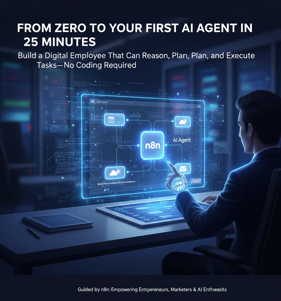 Step-by-step visual diagram showing n8n workflow builder interface with AI agent nodes, Google Calendar integration, weather API connections, and automated email output for building no-code AI agents