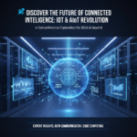 Futuristic IoT network visualization with AI integration showing connected devices in smart city infrastructure with blue and cyan digital mesh overlay