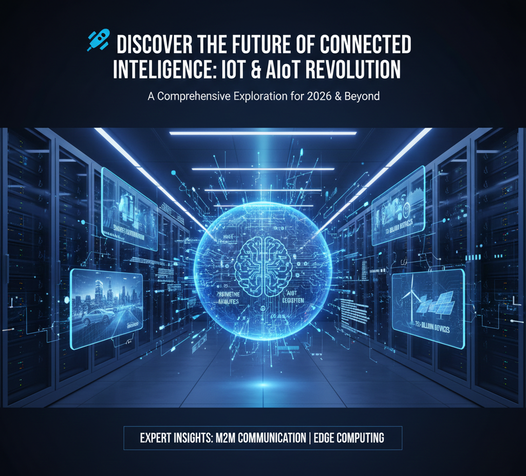 Futuristic IoT network visualization with AI integration showing connected devices in smart city infrastructure with blue and cyan digital mesh overlay