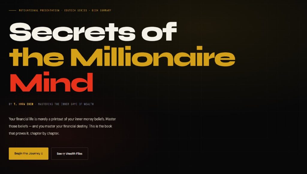 Secrets of the Millionaire Mind book summary infographic showing T. Harv Eker's 17 Wealth Files, millionaire mindset principles, and financial blueprint reprogramming guide for entrepreneurs and wealth builders