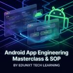 Holographic dark blue tech banner featuring floating code panels with Python and Kotlin syntax compared side-by-side, clean database schema diagrams, a glowing green Android logo silhouette, and neon teal gradient background lighting.