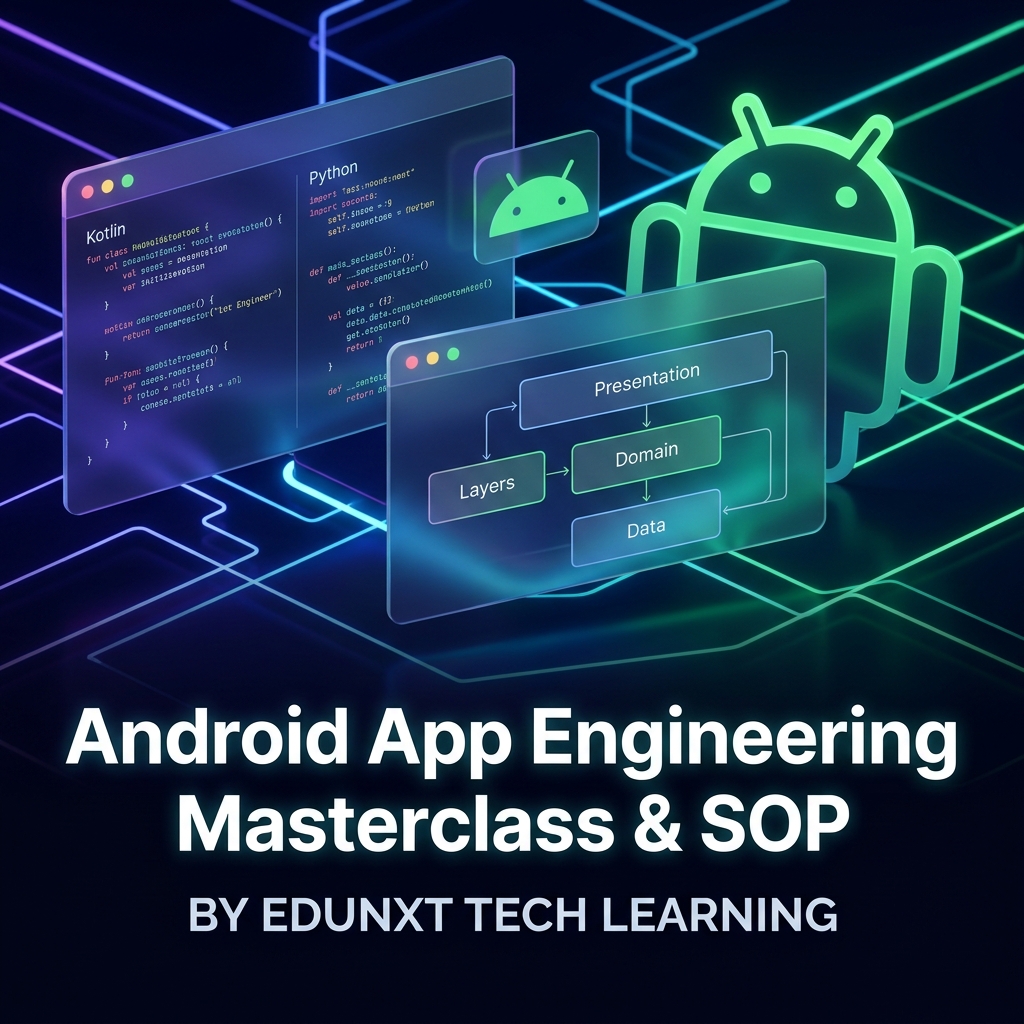 Holographic dark blue tech banner featuring floating code panels with Python and Kotlin syntax compared side-by-side, clean database schema diagrams, a glowing green Android logo silhouette, and neon teal gradient background lighting.
