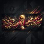An artistic, premium illustration for the FIFA World Cup 2026 featuring a golden championship trophy silhouette, abstract football shapes, and dynamic crimson and gold energy waves on a deep charcoal background