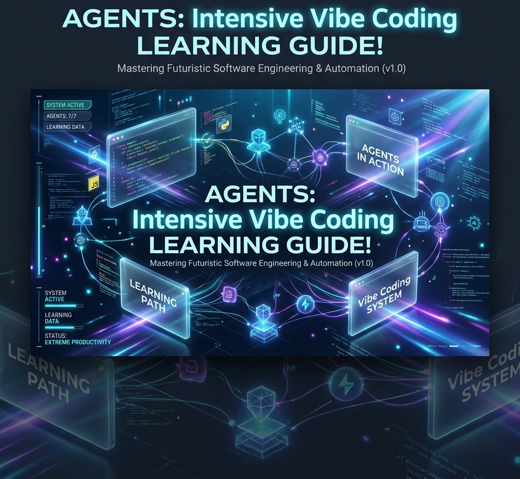 Editorial illustration for a free enterprise course on AI agents and vibe coding, featuring abstract circuit-like agent nodes connected across a soft lavender background with crimson and gold accent highlights