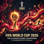 A vibrant, high-contrast sports editorial banner for the FIFA World Cup 2026, featuring the silhouette of the golden championship trophy surrounded by abstract geometric football patterns and dynamic waves of glowing crimson and gold on a dark charcoal-gray background.