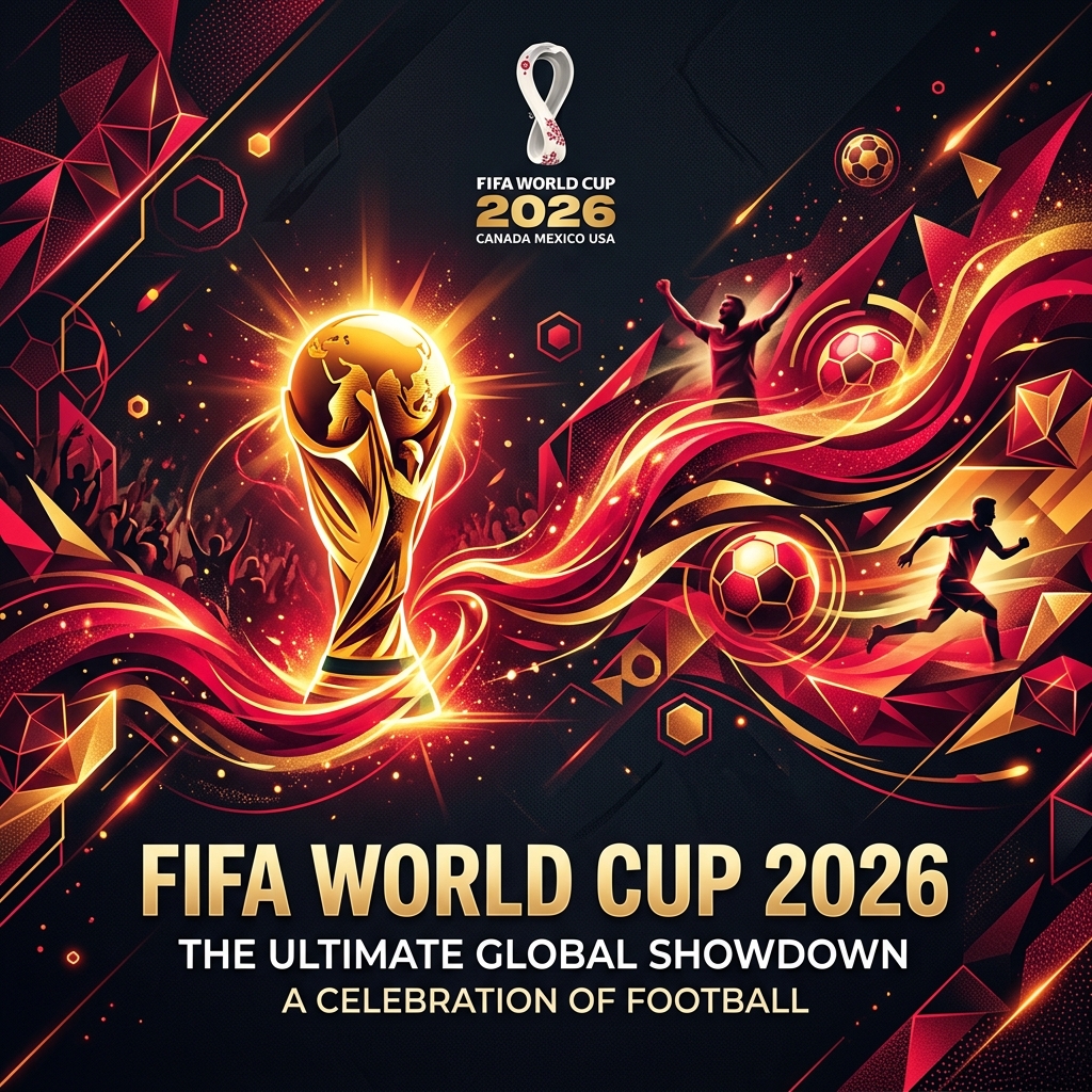A vibrant, high-contrast sports editorial banner for the FIFA World Cup 2026, featuring the silhouette of the golden championship trophy surrounded by abstract geometric football patterns and dynamic waves of glowing crimson and gold on a dark charcoal-gray background.