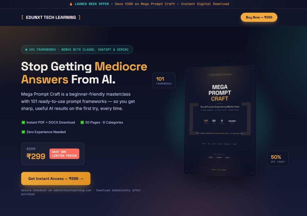 Mega Prompt Craft AI Prompt Engineering Masterclass ebook cover with 101 ChatGPT, Claude & Gemini prompt templates